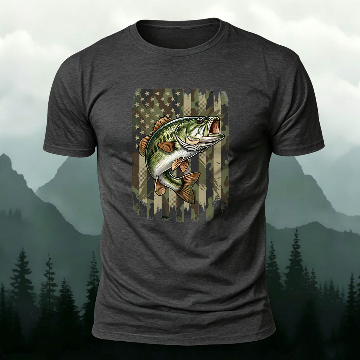 Black Bass Print Casual Versatile Cotton T-Shirt