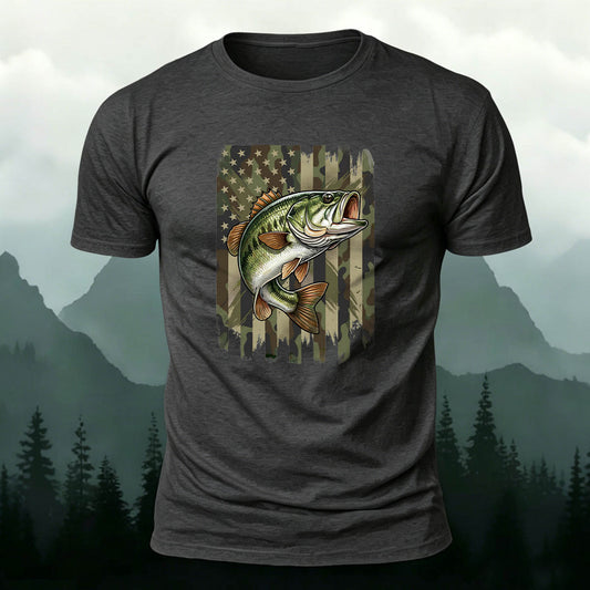 Black Bass Print Casual Versatile Cotton T-Shirt