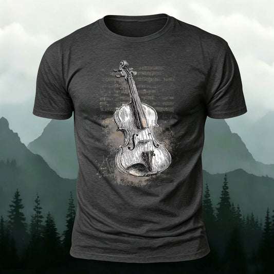 Cotton Distressed Guitar Print Fitted Crew-Neck T-Shirt