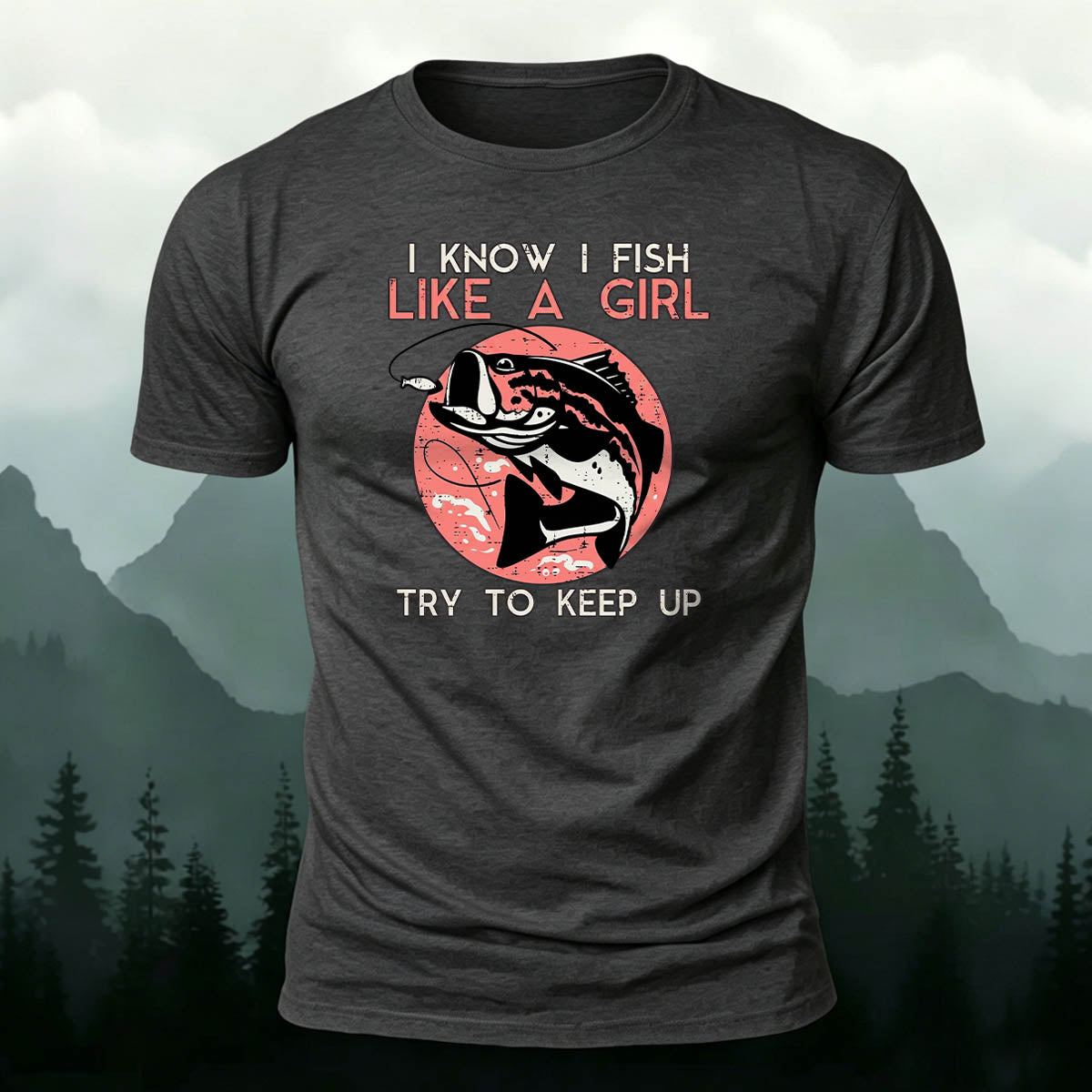 Cotton Fishing Silhouette Pink Print Skin-Friendly T-Shirt