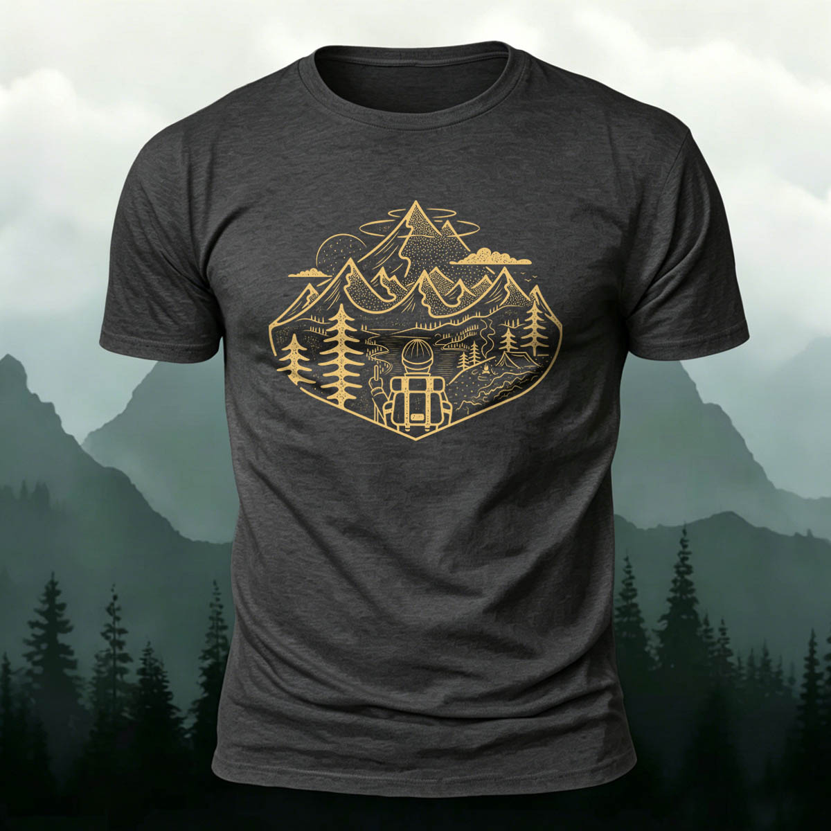 Mountain Adventure Sketched Art Print Outdoor Cotton Tee