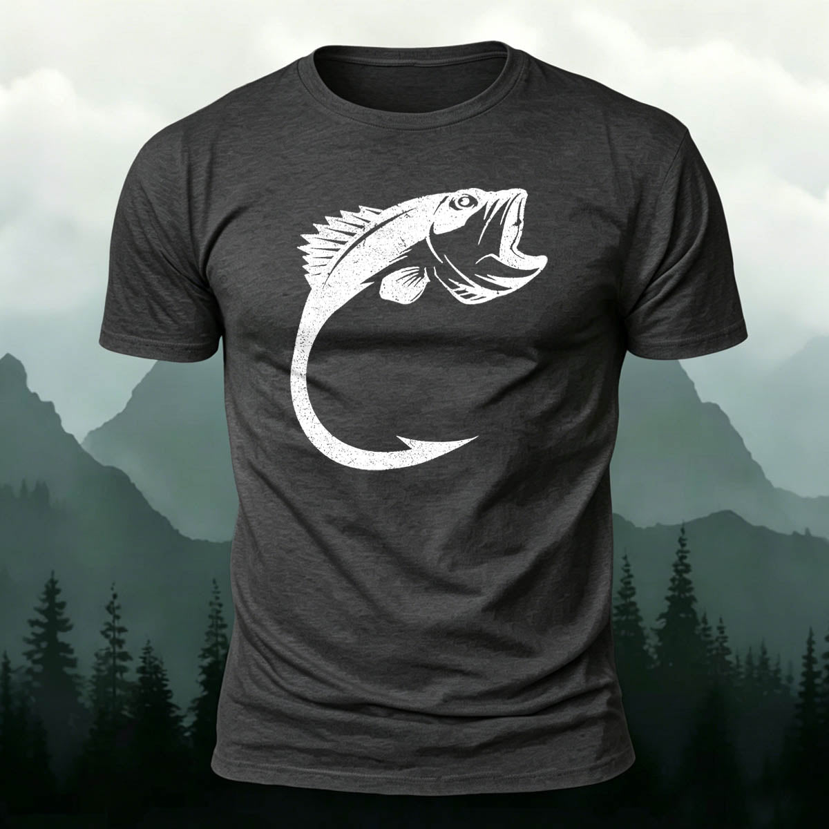 Combed Cotton Fishing Silhouette Print Versatile T-Shirt