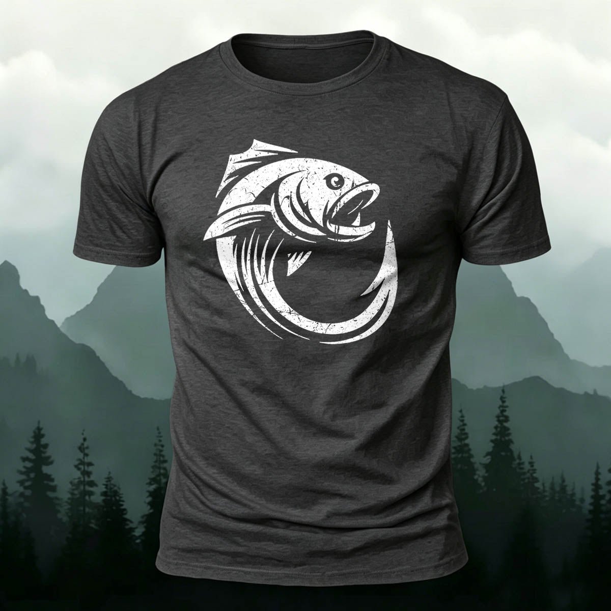 Combed Cotton Minimalist Fishing Print Versatile T-Shirt
