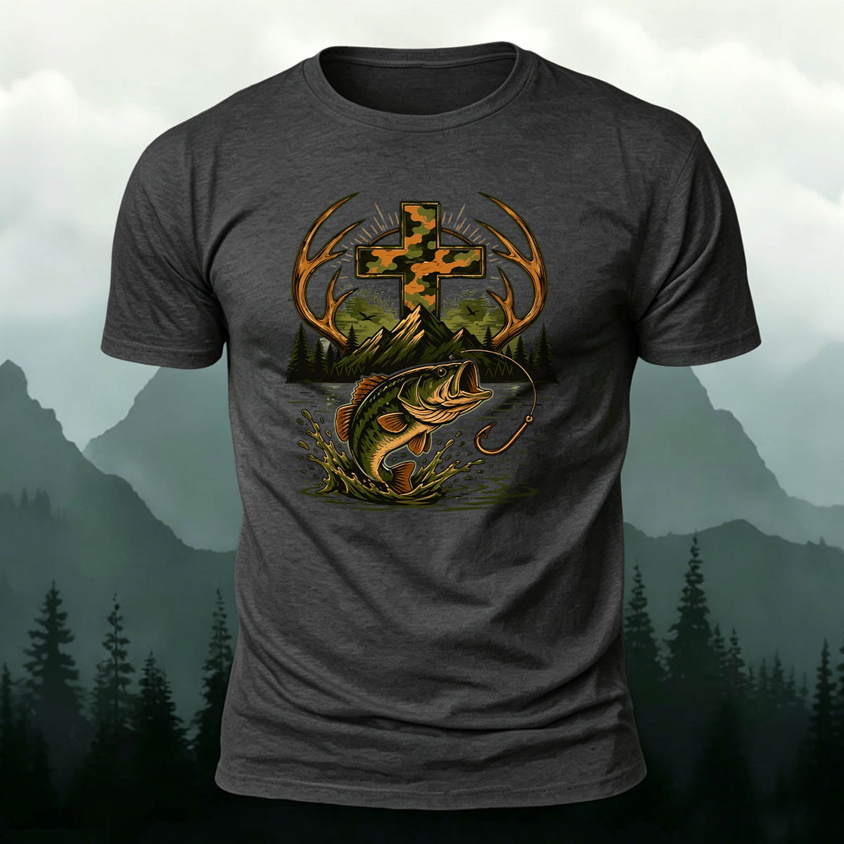 Fishing Cross Graphic Casual 100% Cotton T-Shirt