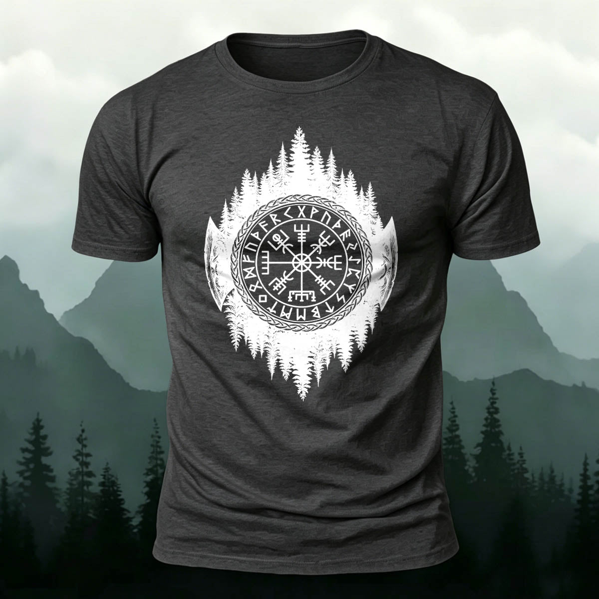 Cotton Retro Viking Compass Battle Axe Casual Tee