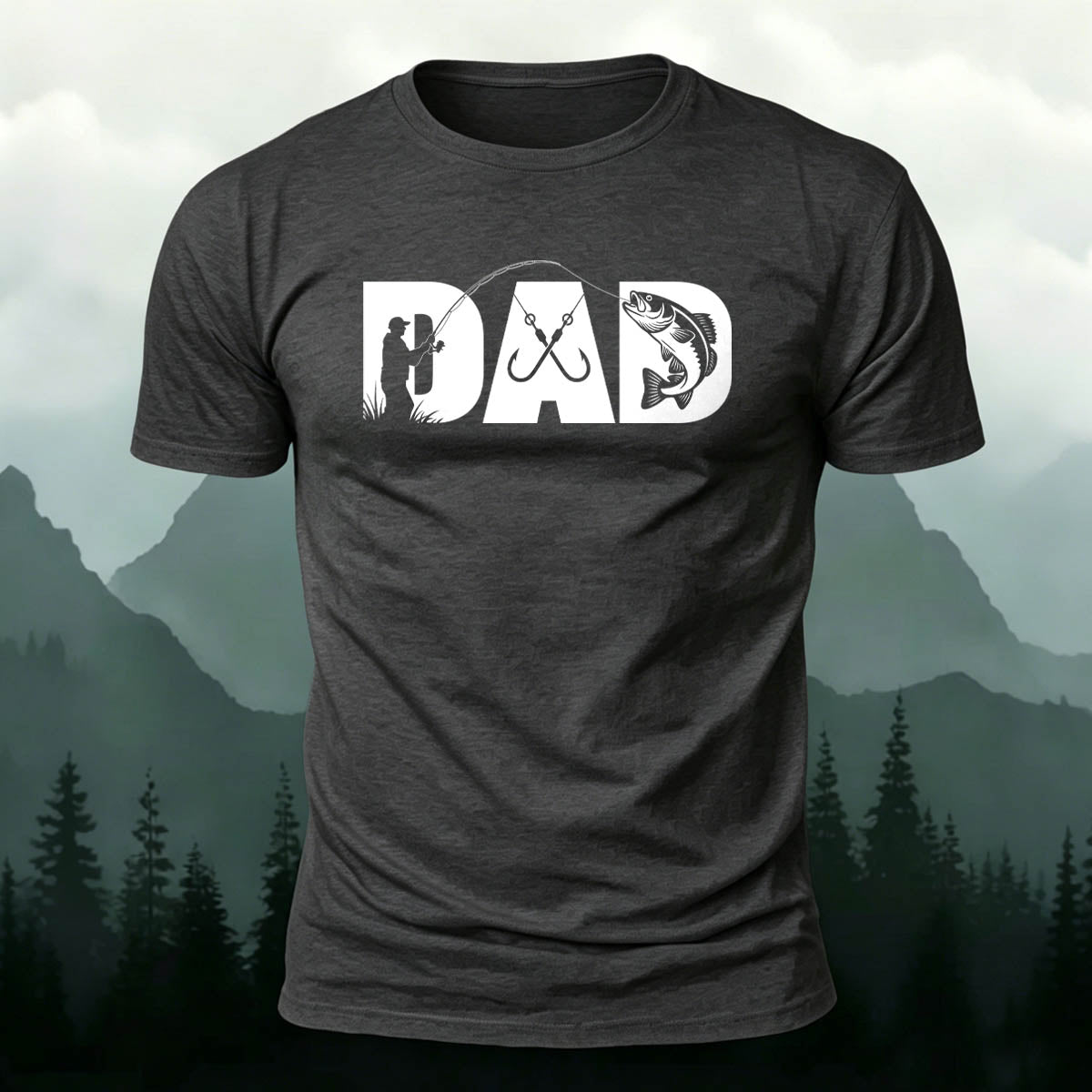 Cotton DAD Fishing Silhouette Print Soft-Touch T-Shirt