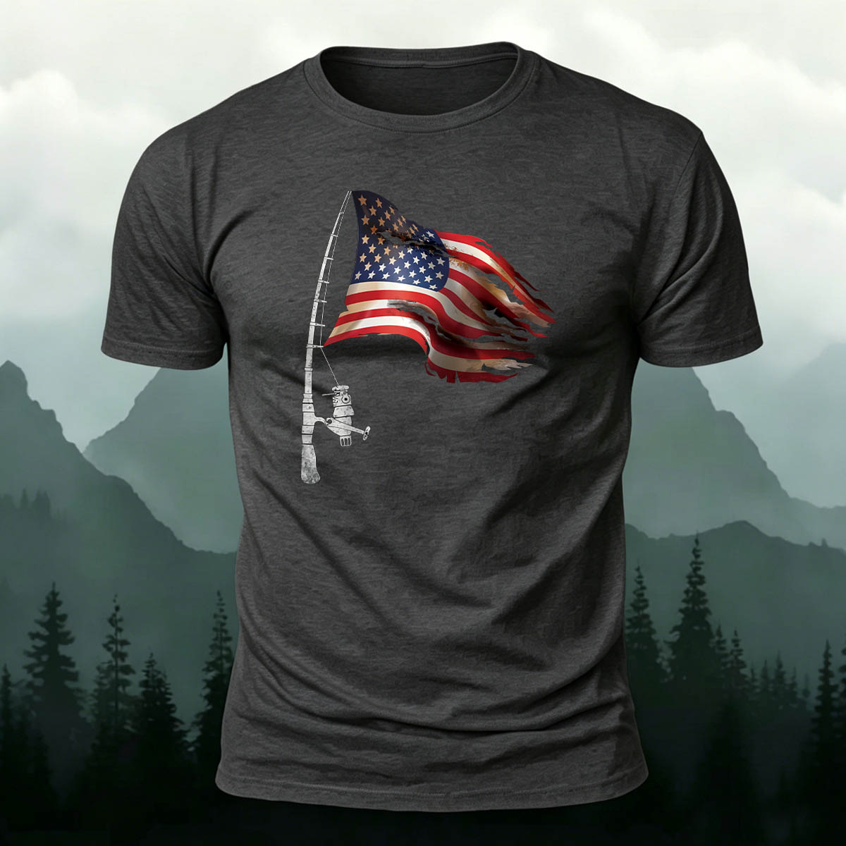 Combed Cotton Fishing Rod Flag Printed Casual T-Shirt
