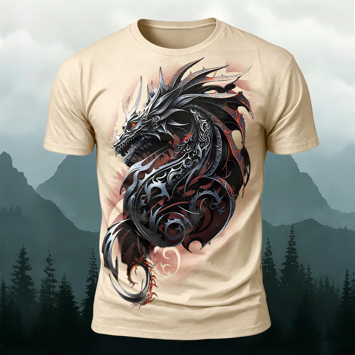 Dark Totem Dragon Print Casual Crew Neck T-Shirt