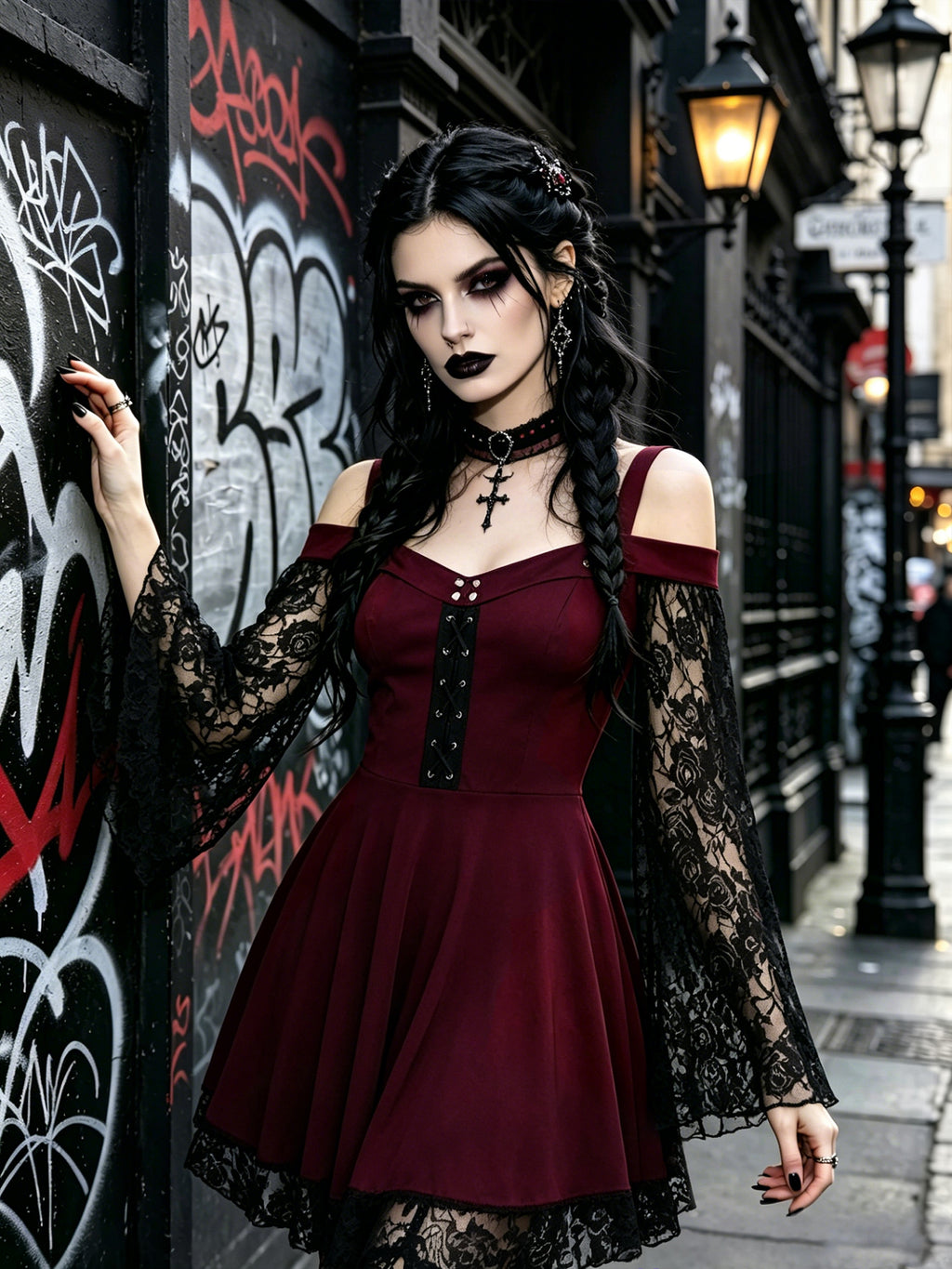 Mock Neck Bell-Sleeve Lace-Paneled Boho-Chic Retro Dress