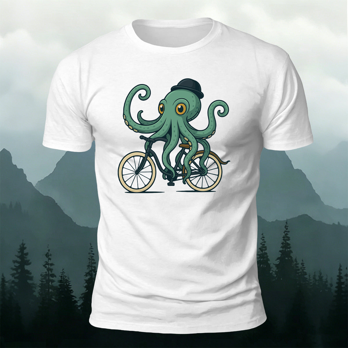Green Fisherman's Cap Octopus Cycling Print Cotton T-Shirt