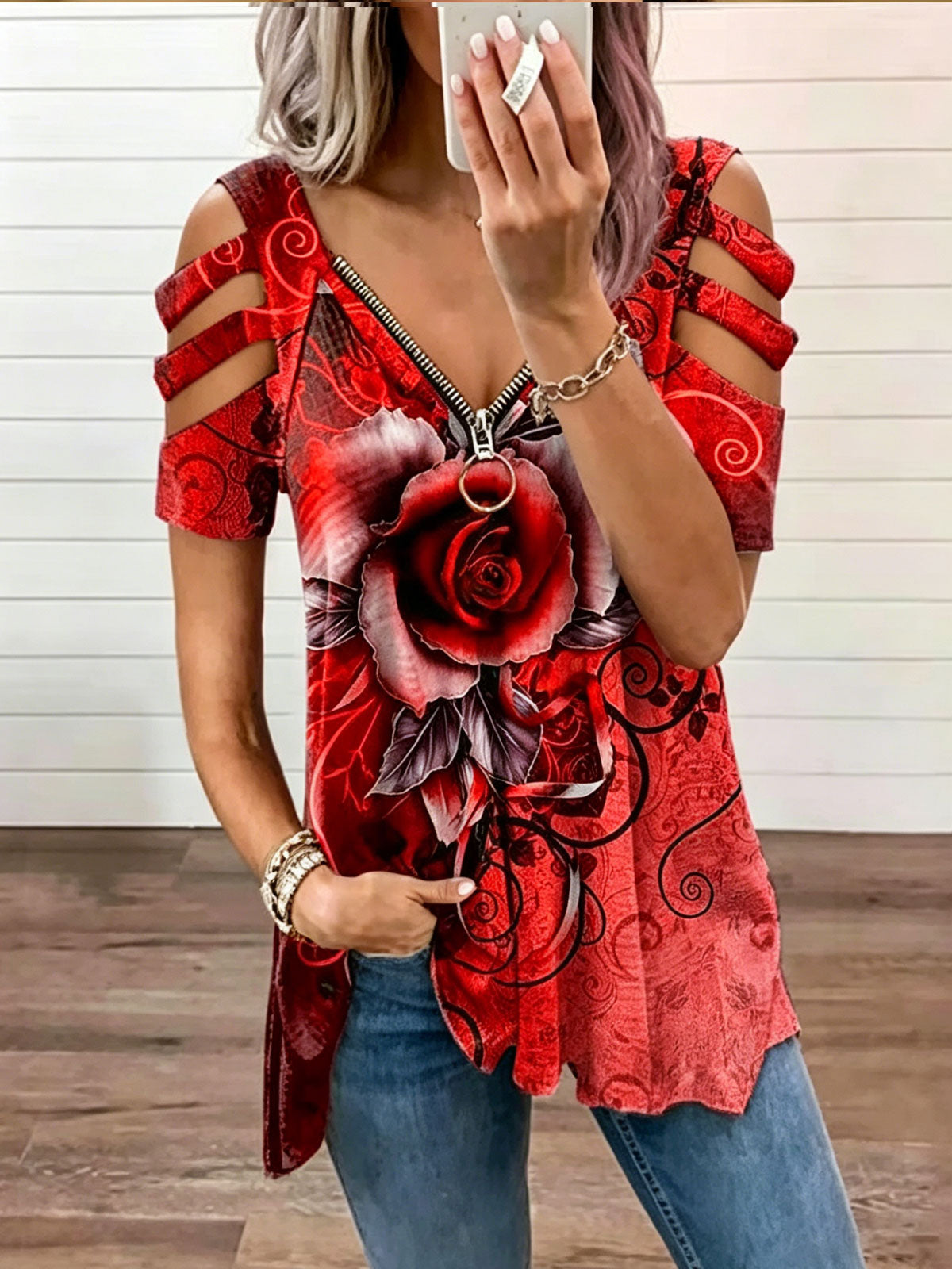 Floral Print V-Neck Zipper Women's Top