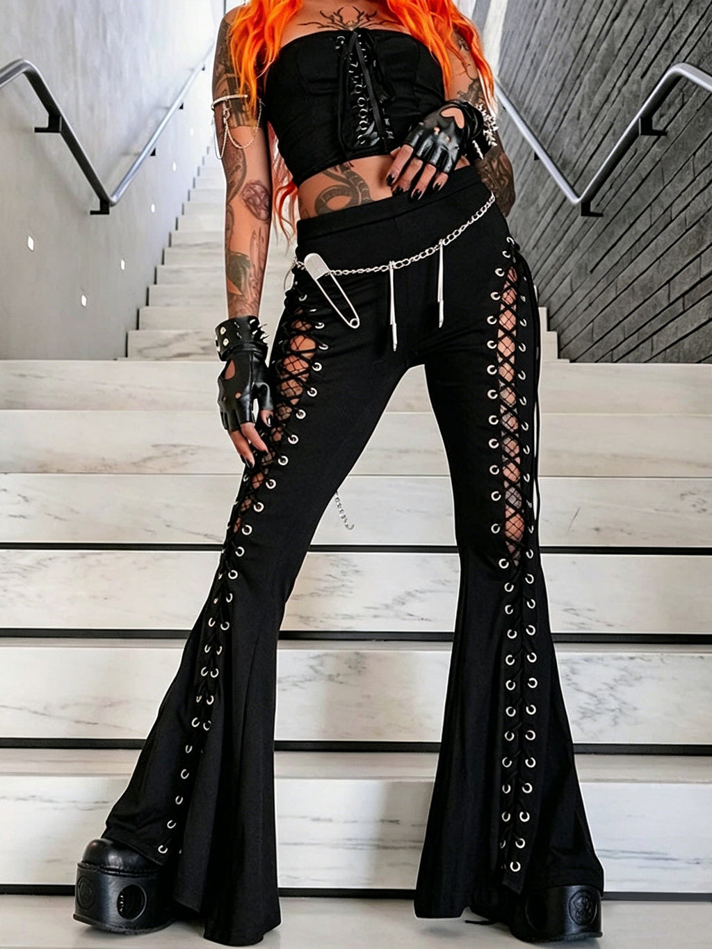 Dark Street Fashion Strap Bell-Bottom Pants