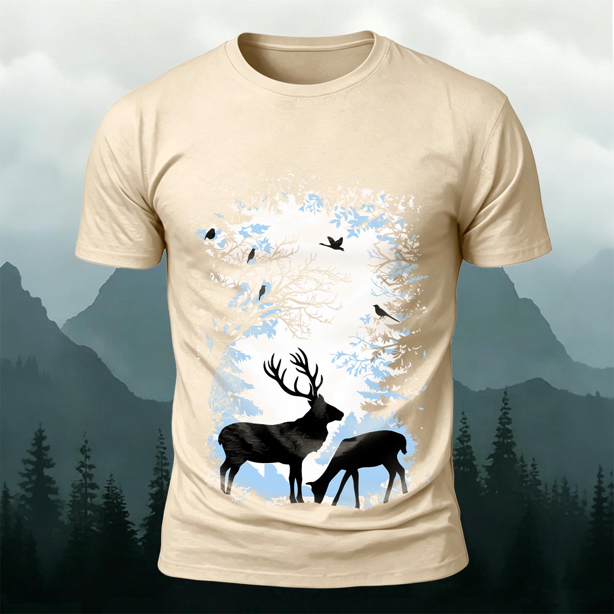 Forest and Deer Silhouette Print Crew-Neck T-Shirt