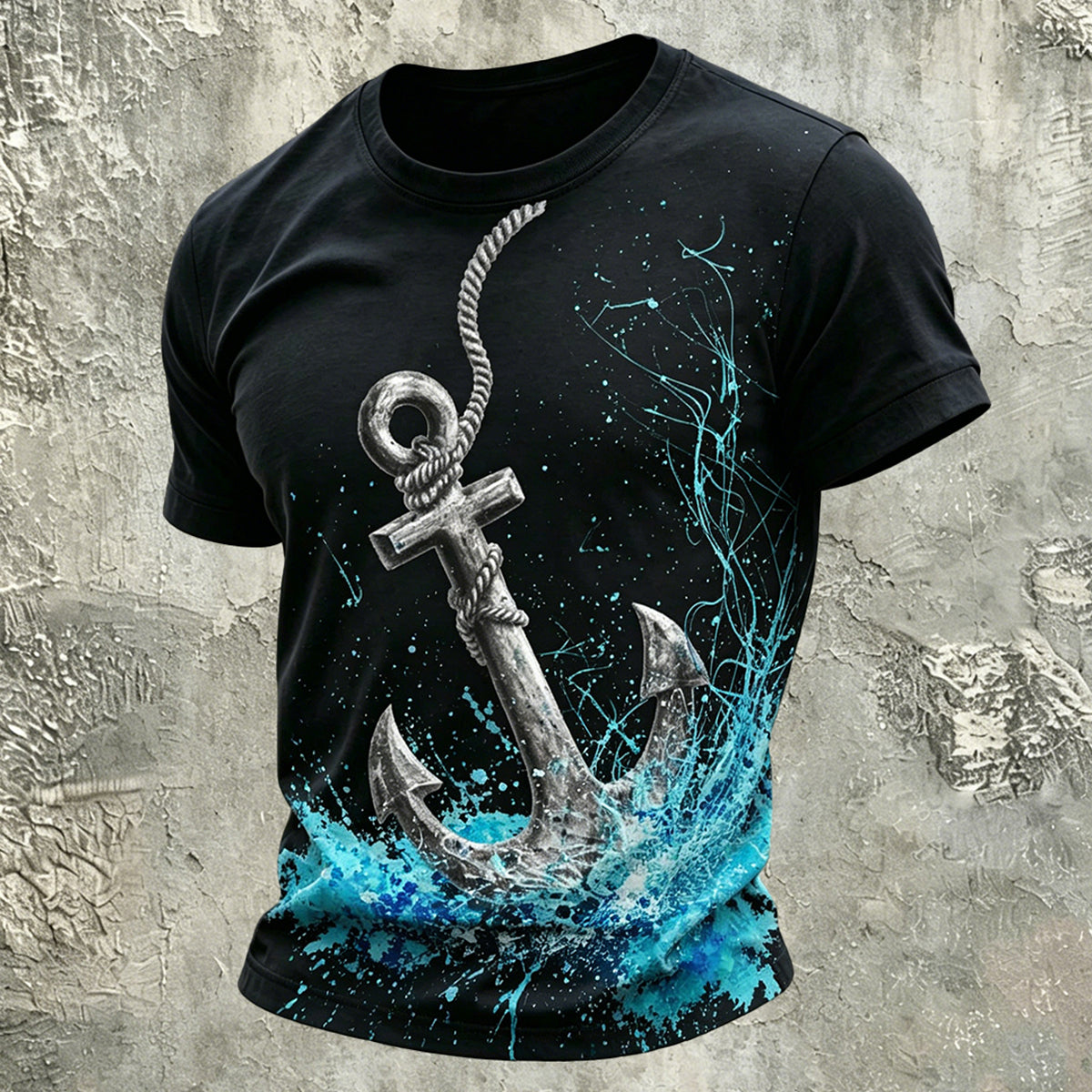 Retro Nautical Anchor Graphic Casual T-Shirt Black