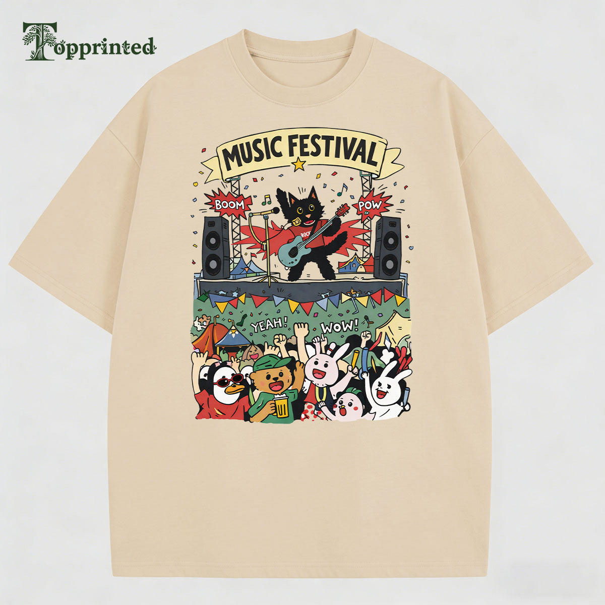 Music Festival Party Print 100% Cotton Round-Neck T-Shirt