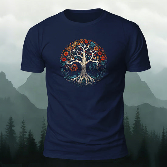 Bloom Tree Print Soft-touch Feel Cotton T-Shirt Navy