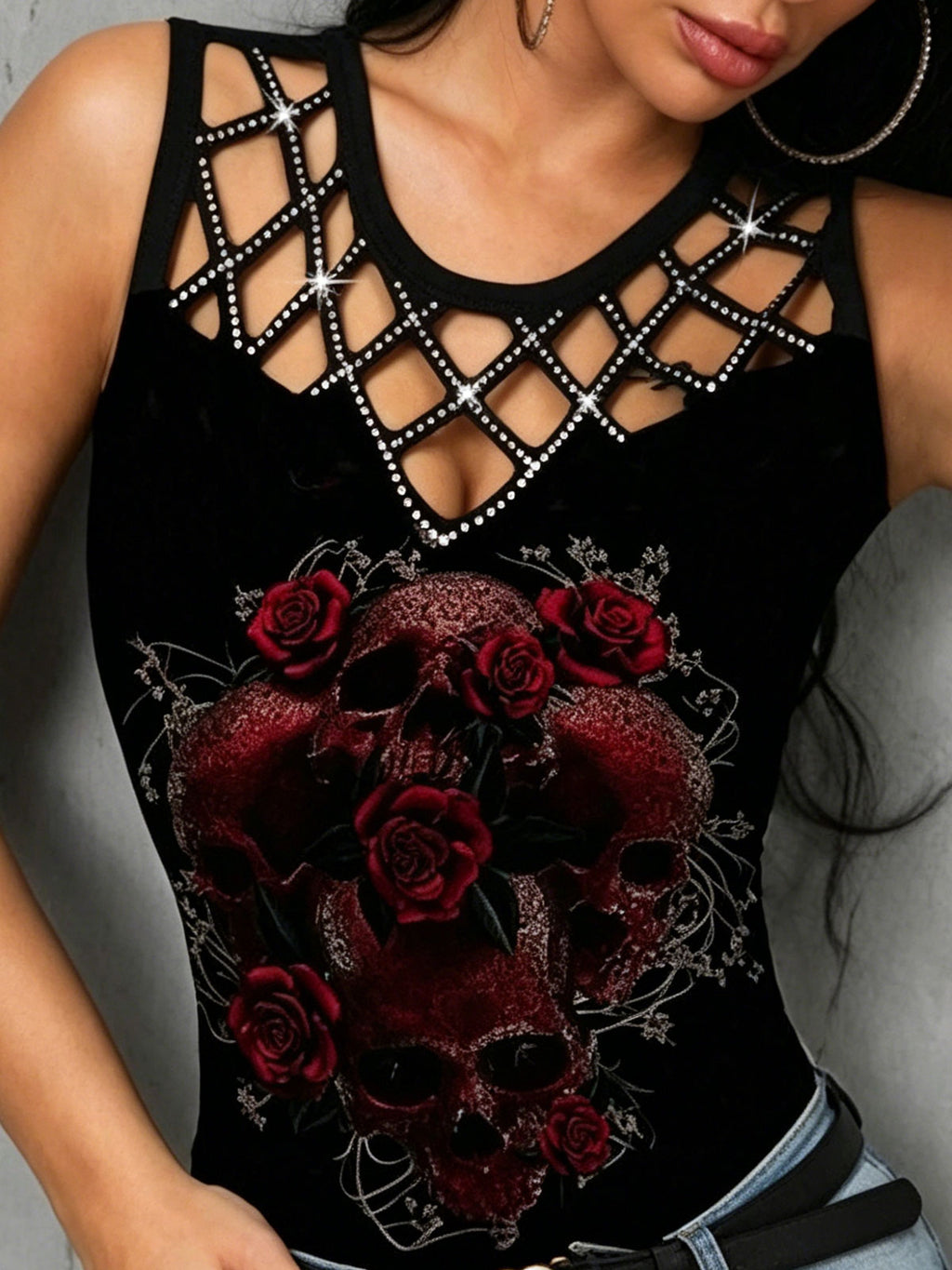 Openwork Patchwork Rose Print Women's Sleeveless Tank Top