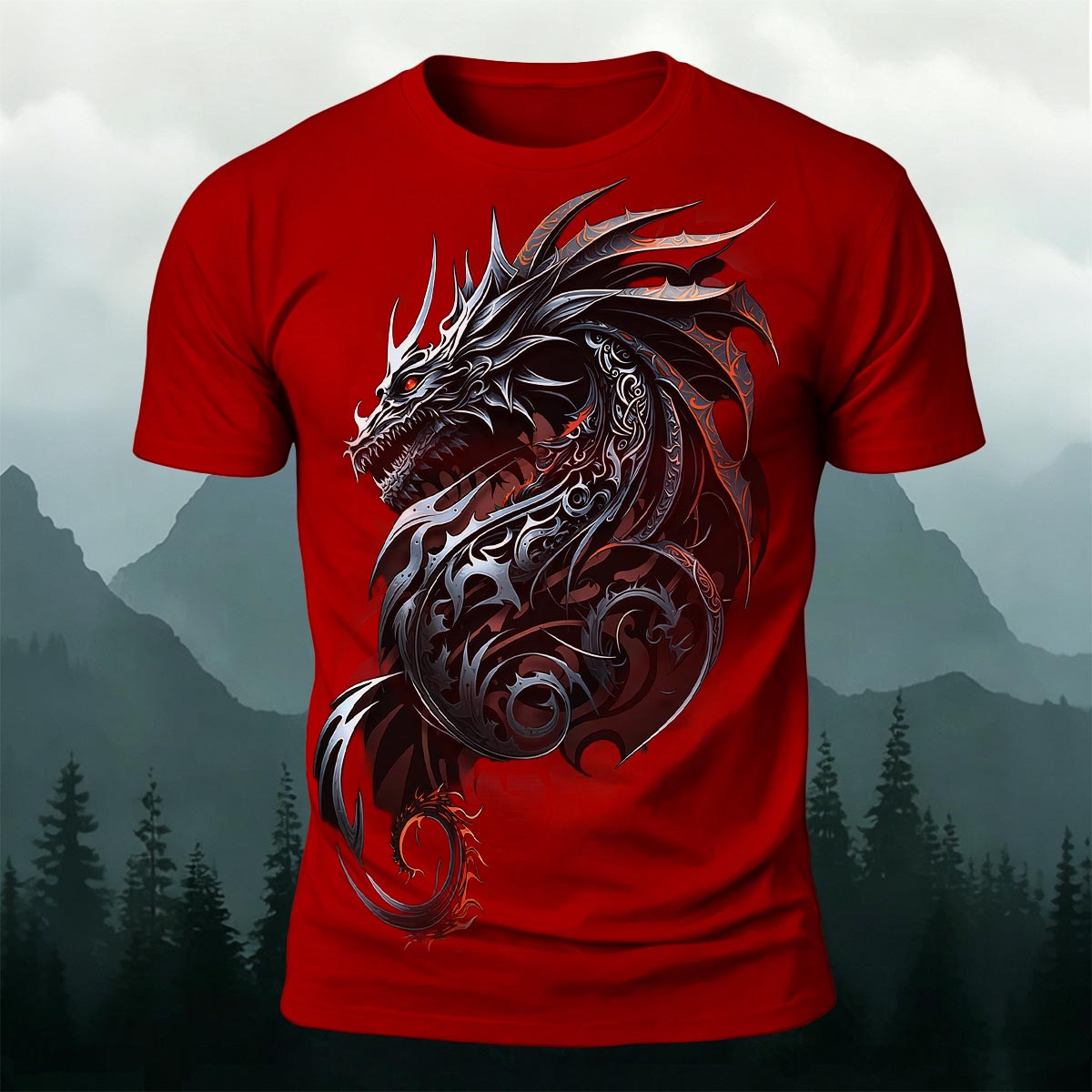 Dark Totem Dragon Print Casual Crew Neck T-Shirt