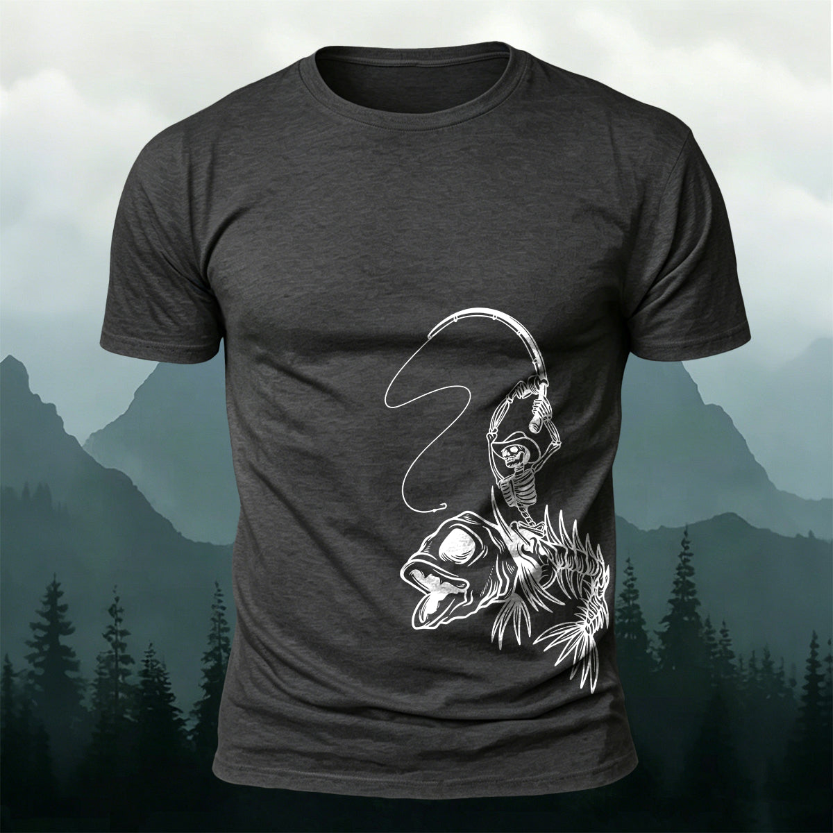 Fishbone Fishing Series Printed Round-Neck Cotton T-Shirt