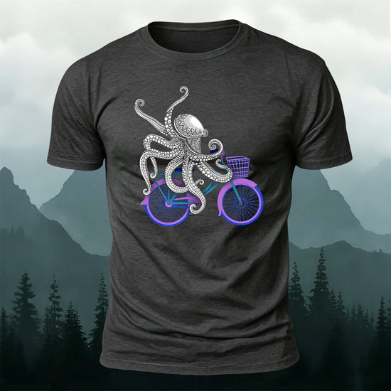 Octopus Cycling Fun Print Cotton Casual T-Shirt Dark Grey
