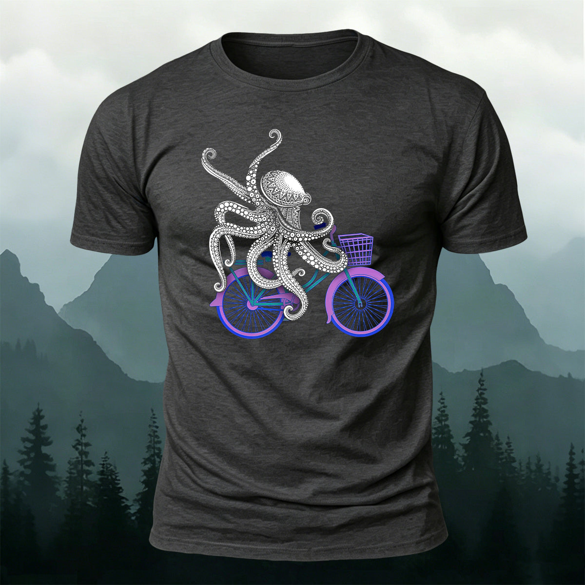 Octopus Cycling Fun Print Cotton Casual T-Shirt Dark Grey