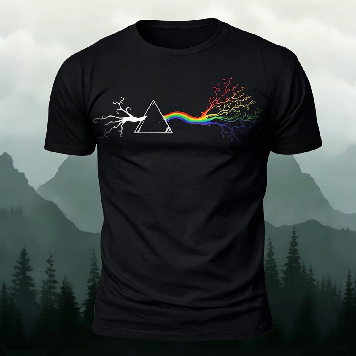 Colorful Tree Print Premium Cotton Round Neck T-Shirt Black