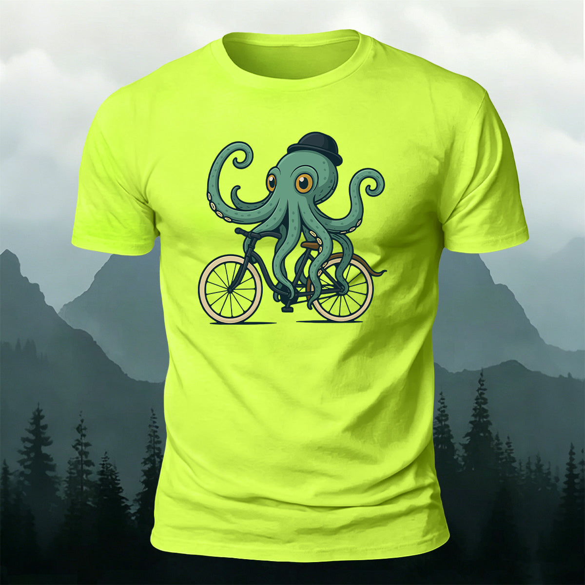 Green Fisherman's Cap Octopus Cycling Print Cotton T-Shirt