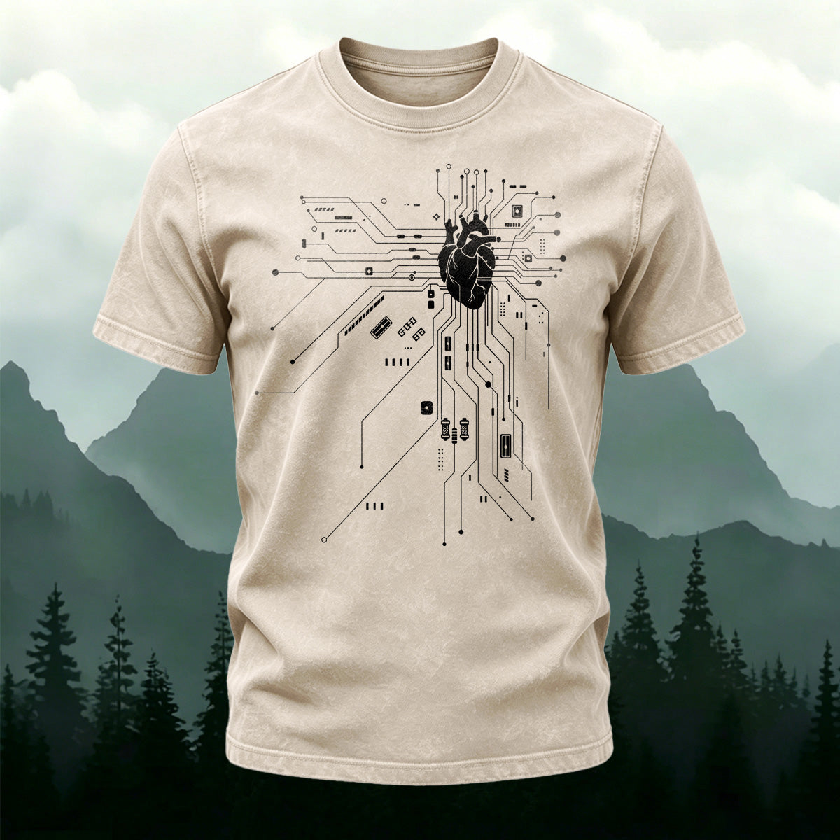 Heart Circuit Pattern Casual Washed Cotton T-Shirt