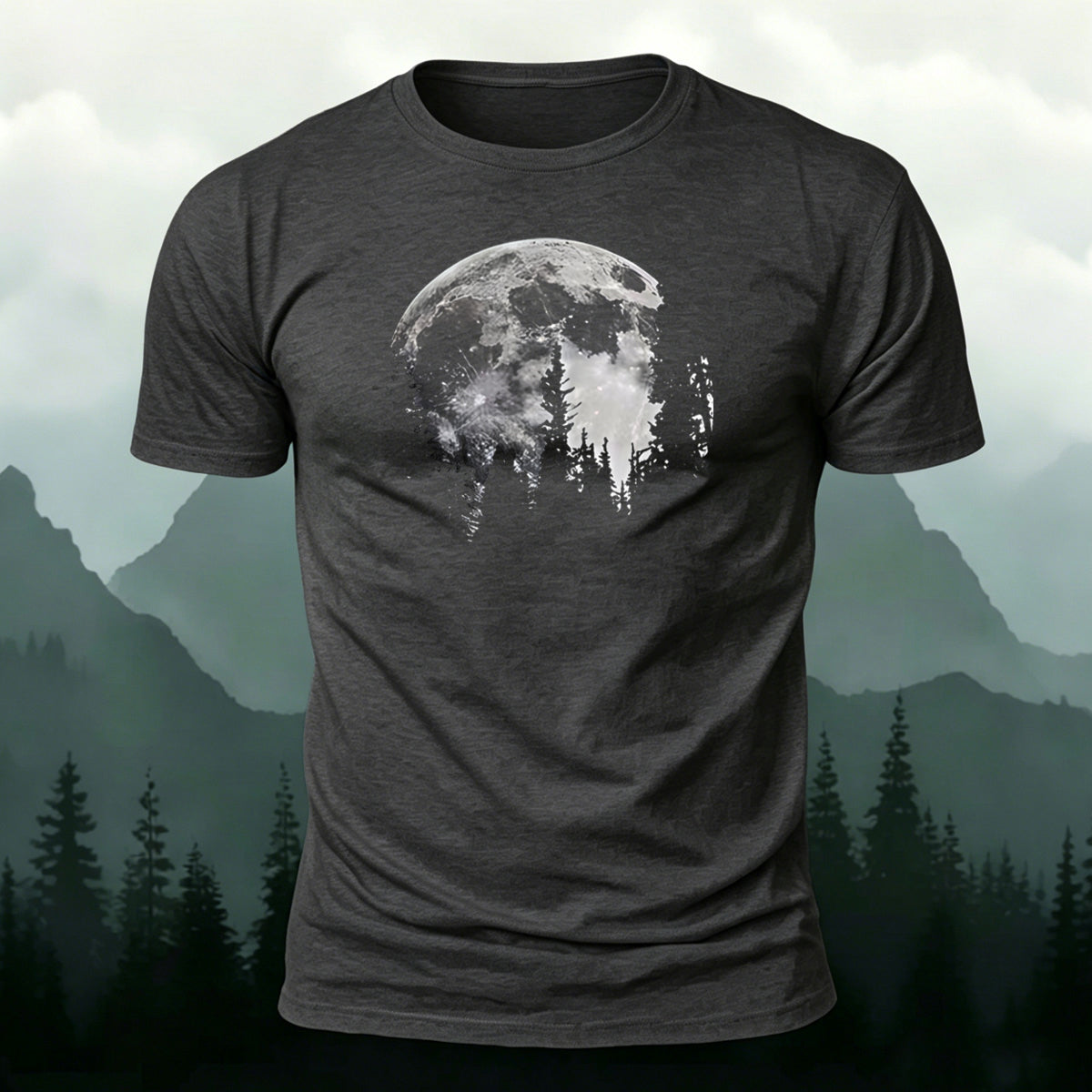 Moon Print Combed Cotton Casual T-Shirt Grey