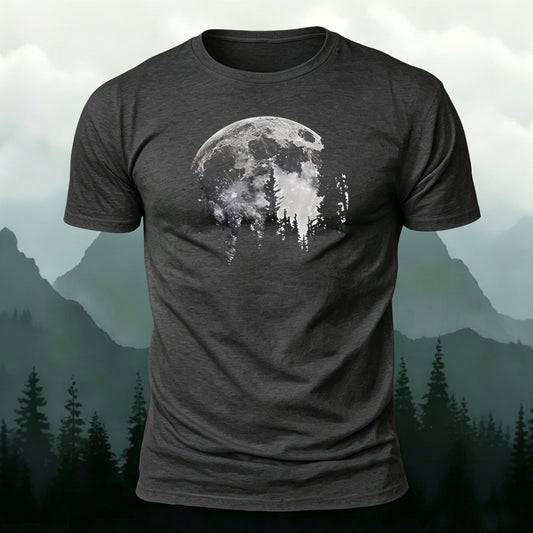 Moon Print Combed Cotton Casual T-Shirt Grey