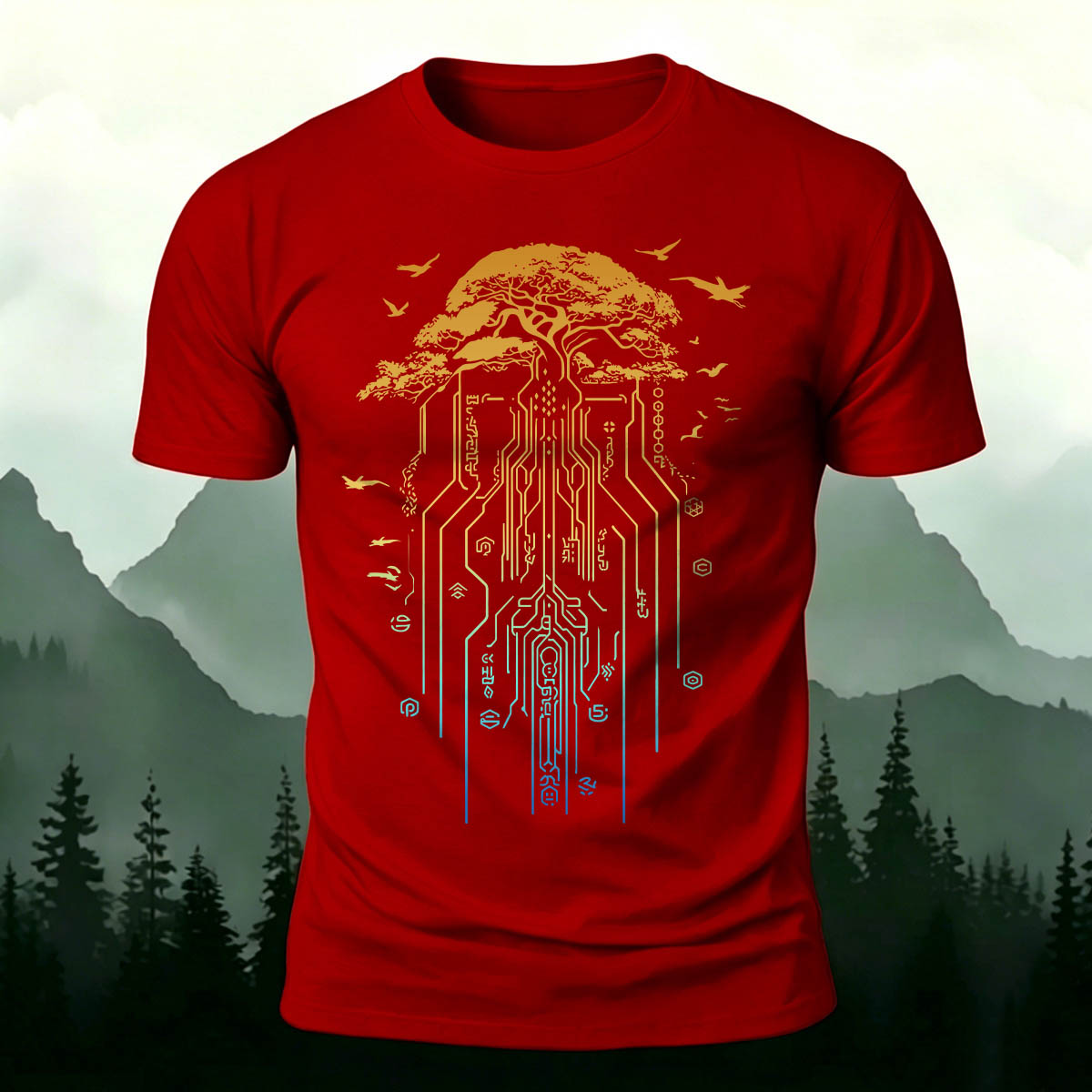 Line Tree Root Casual Skin-Friendly T-Shirt