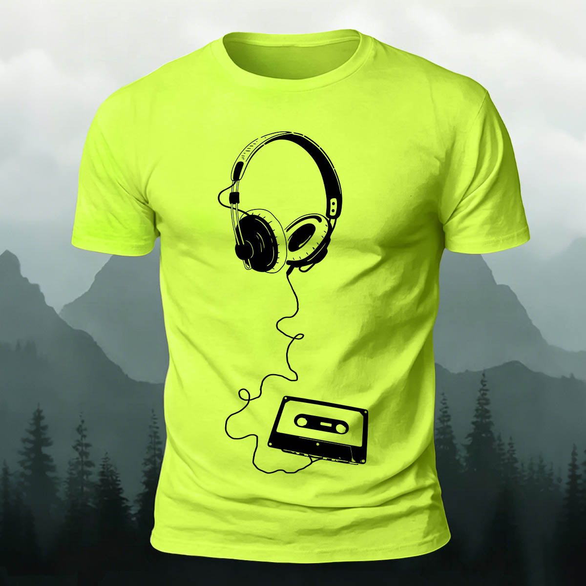 Vintage Headphones Music Print Cotton T-Shirt
