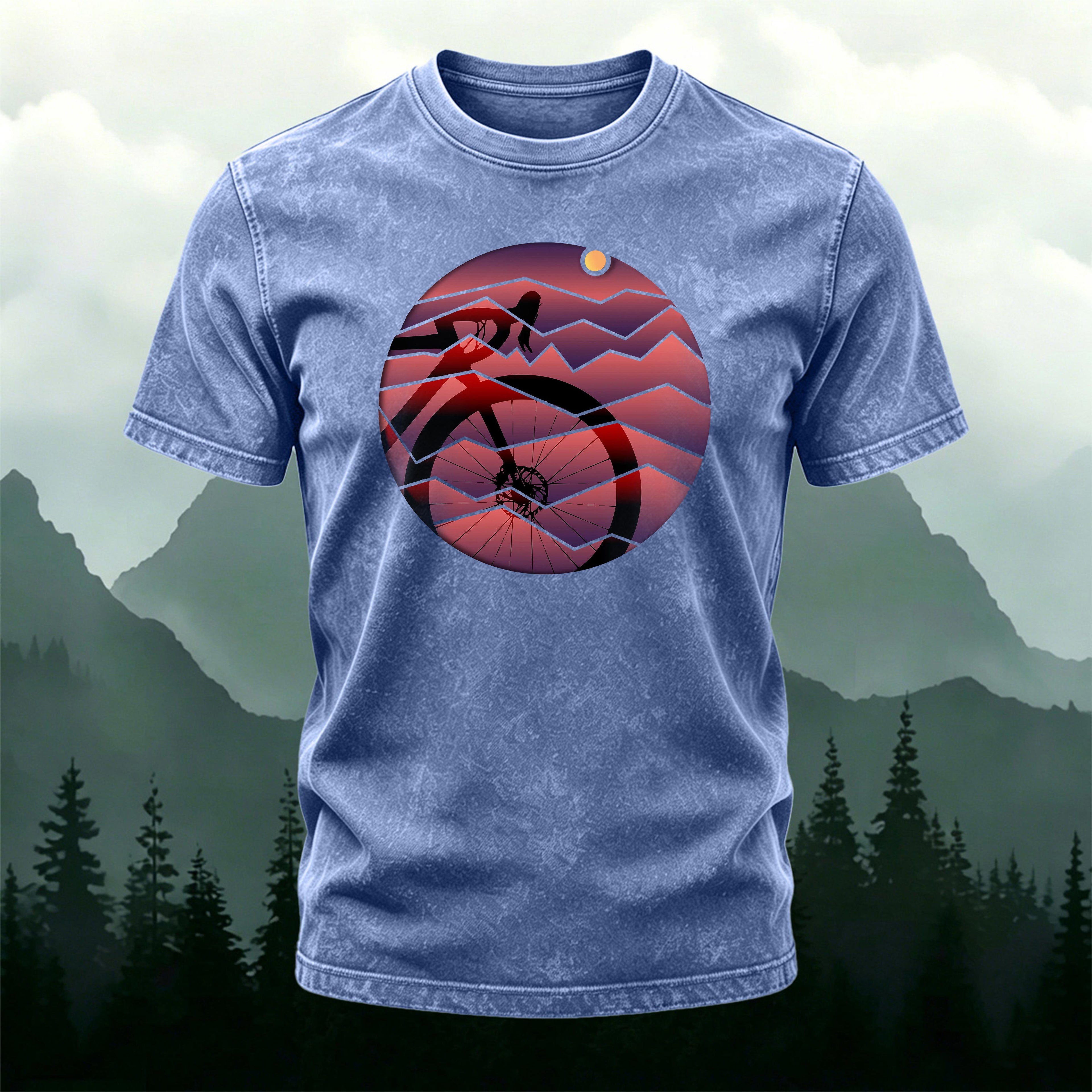 Bicycle Sunset Print Casual Washed Cotton T-Shirt