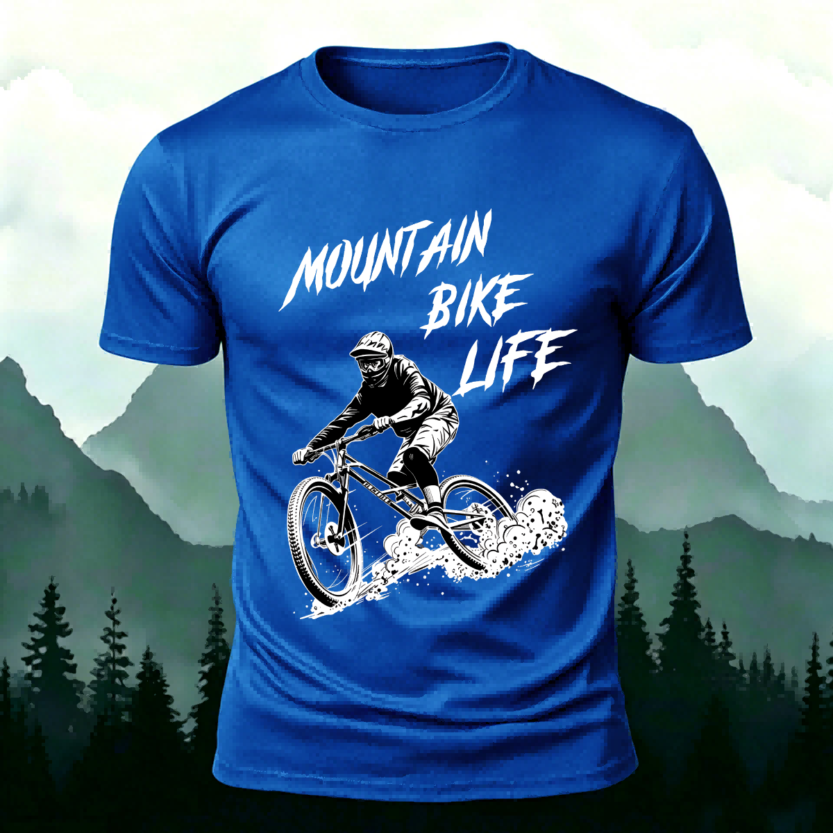Mountain Biking Print Breathable Material T-Shirt Blue