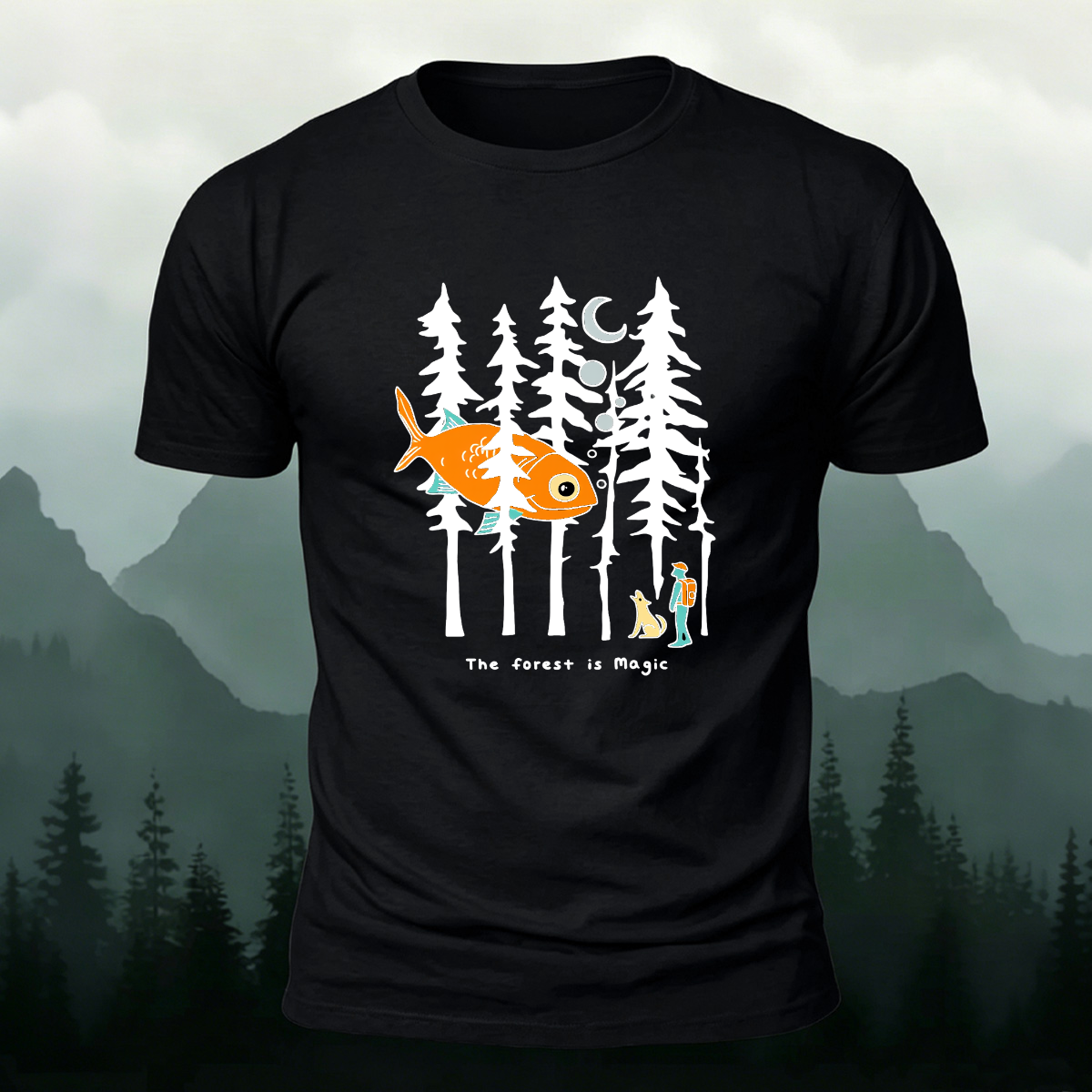 Fun Forest Print Outdoor Skin-friendly Casual T-Shirt Black