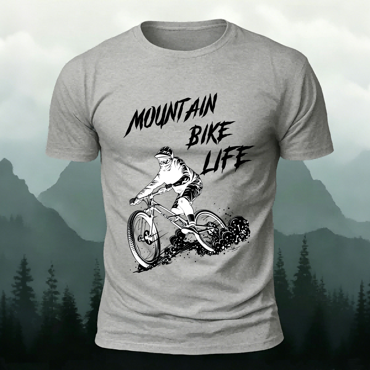 Mountain Biking Print Breathable Material T-Shirt Grey