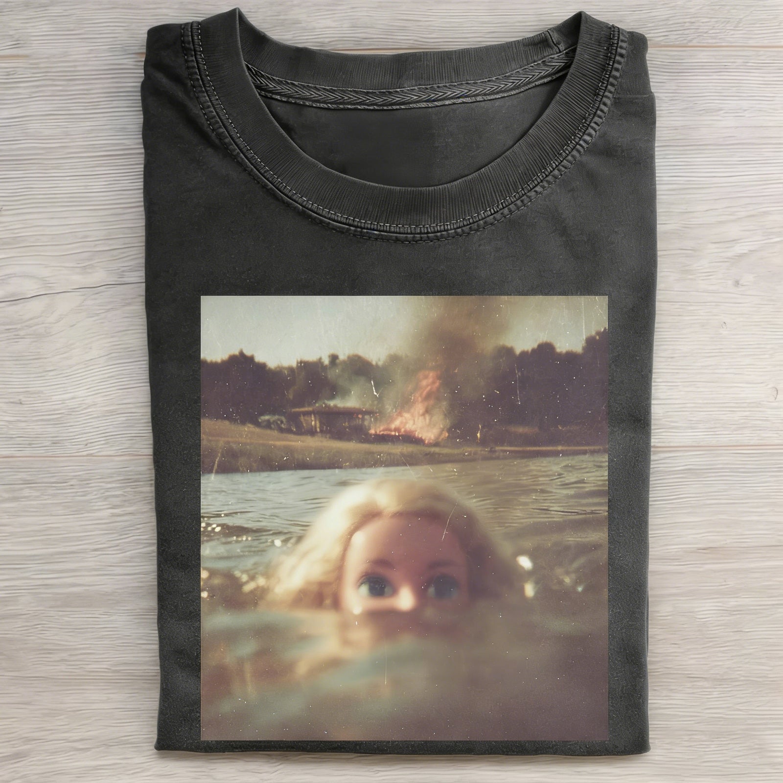 MEME Drowning Print Washed Cotton Round-Neck T-Shirt