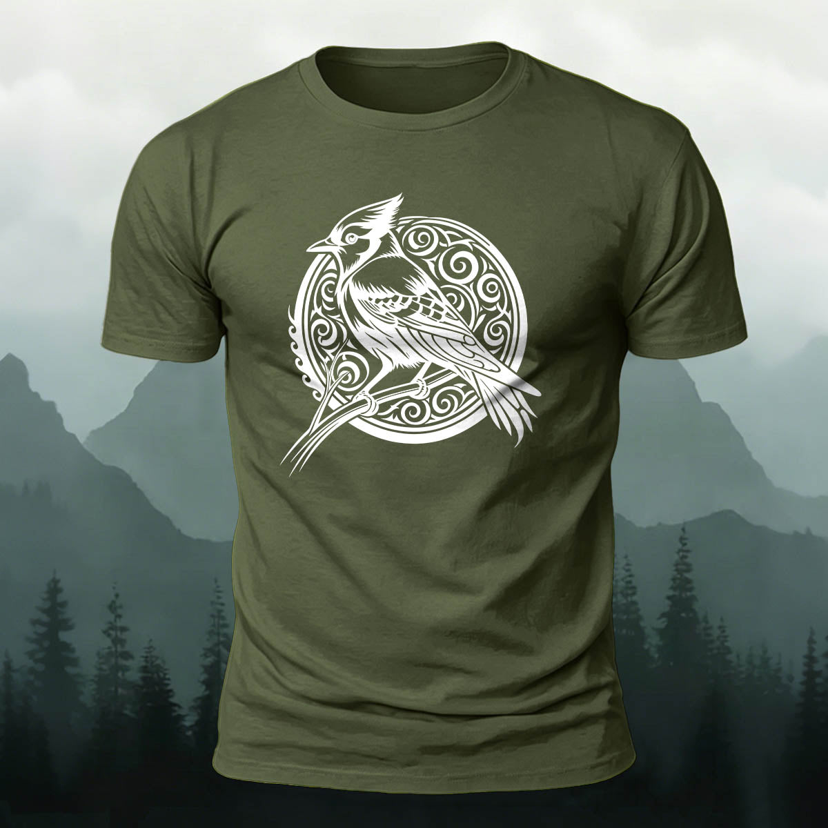 Vintage Bird Circle Print Versatile Cotton T-Shirt