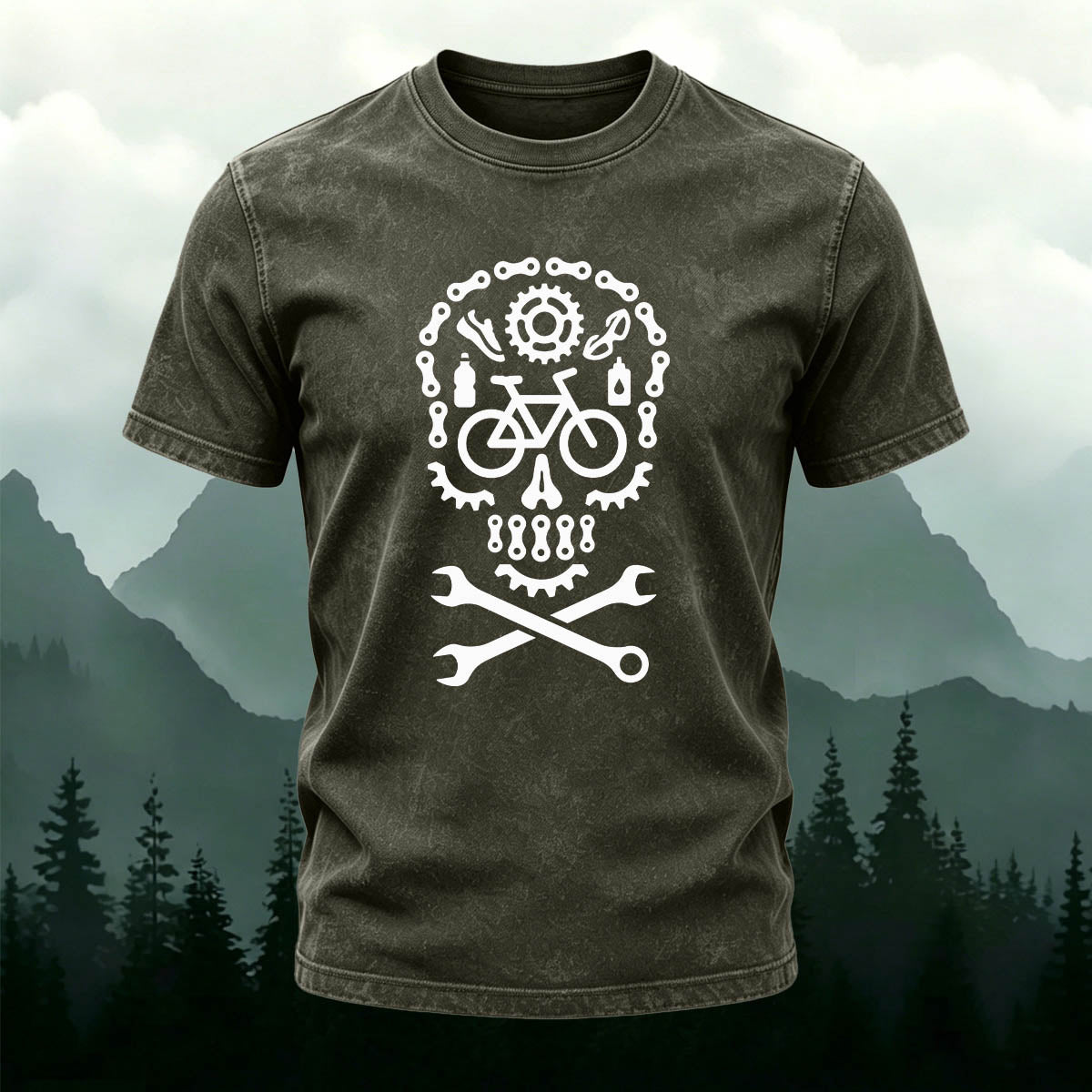 Cycling Fun Skull Casual Washed Cotton T-Shirt