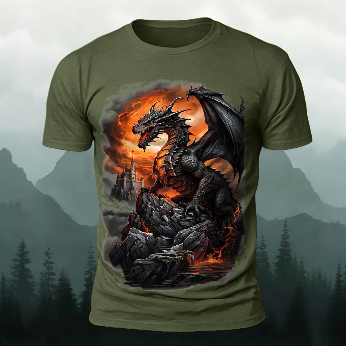 Dark Dinosaur Print Casual Crew Neck T-Shirt AMG