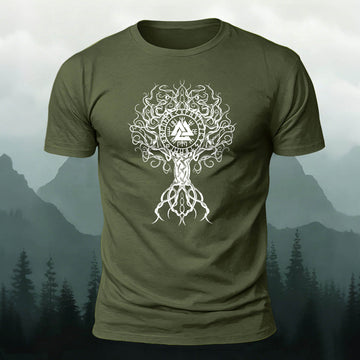 Cotton Vintage Viking Life Tree Line Art T-Shirt