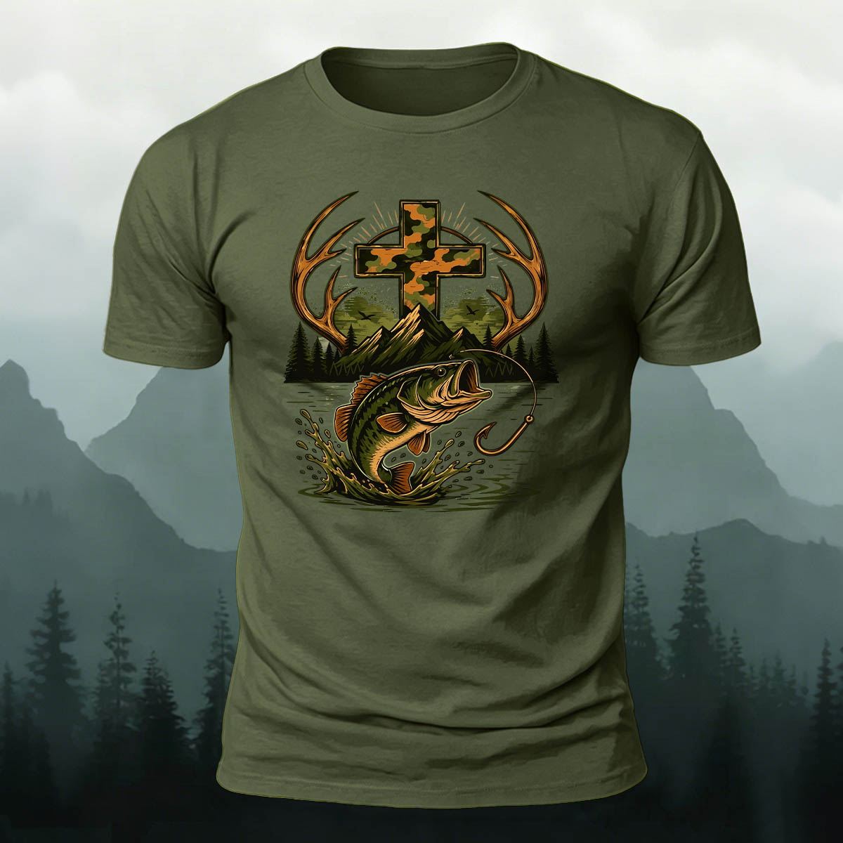 Fishing Cross Graphic Casual 100% Cotton T-Shirt