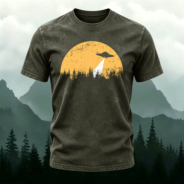 Washed Cotton Outdoor Spaceship Pattern Casual Tee