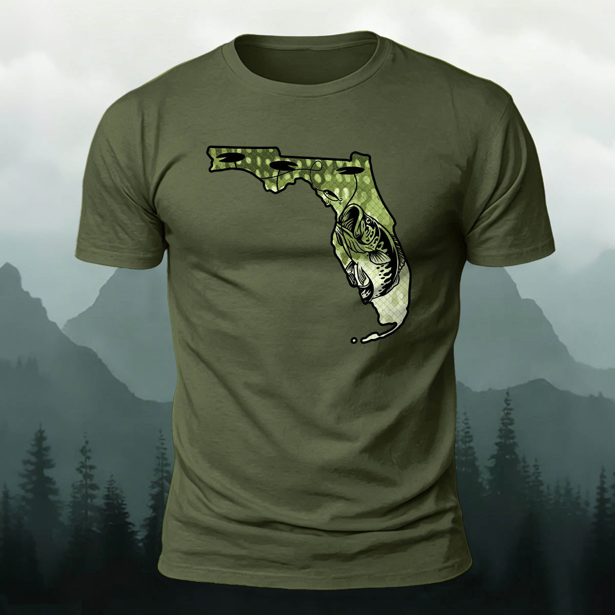 Big Catch Black Bass Print Casual Cotton T-Shirt