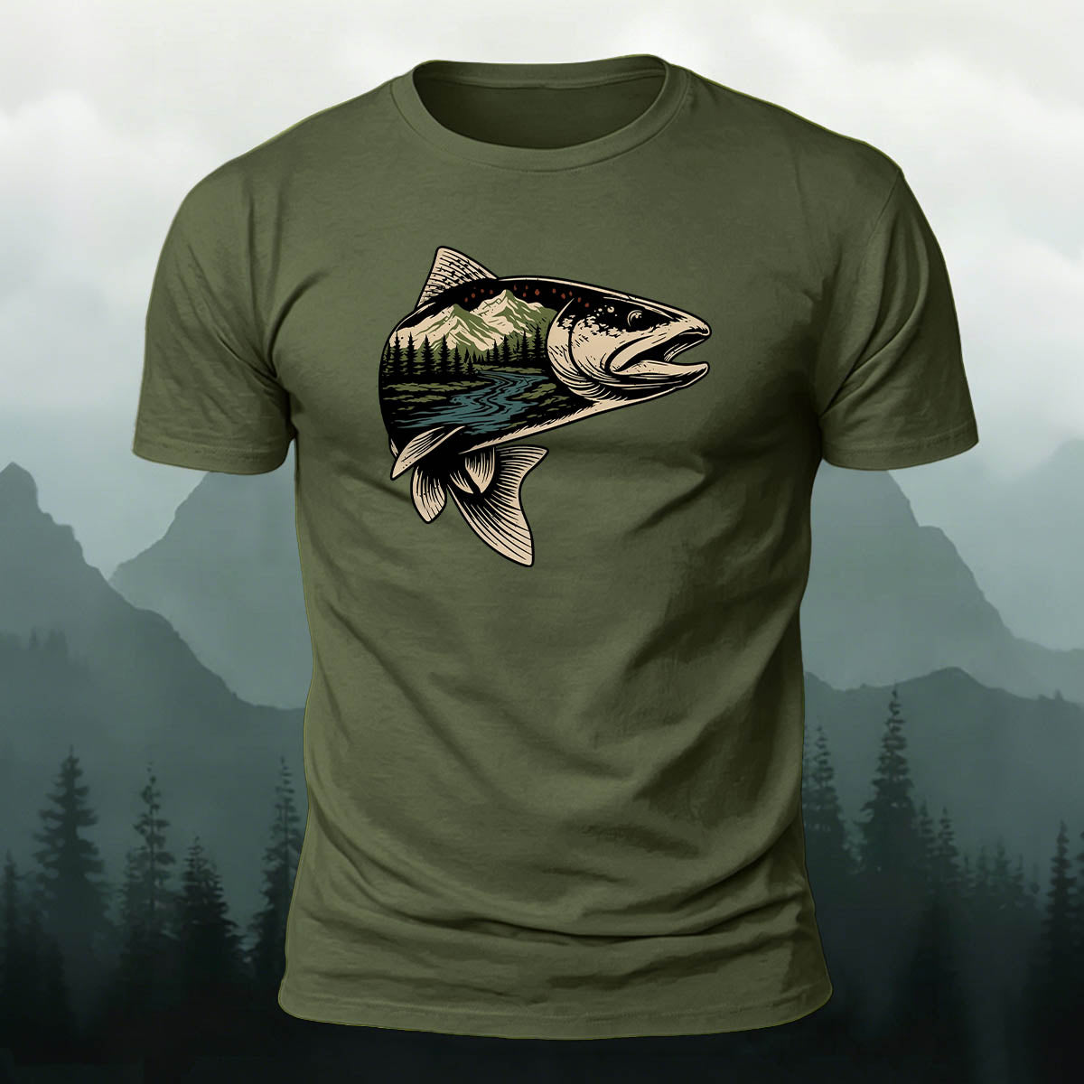 Trout Scenic Pattern Simple Casual Cotton T-Shirt