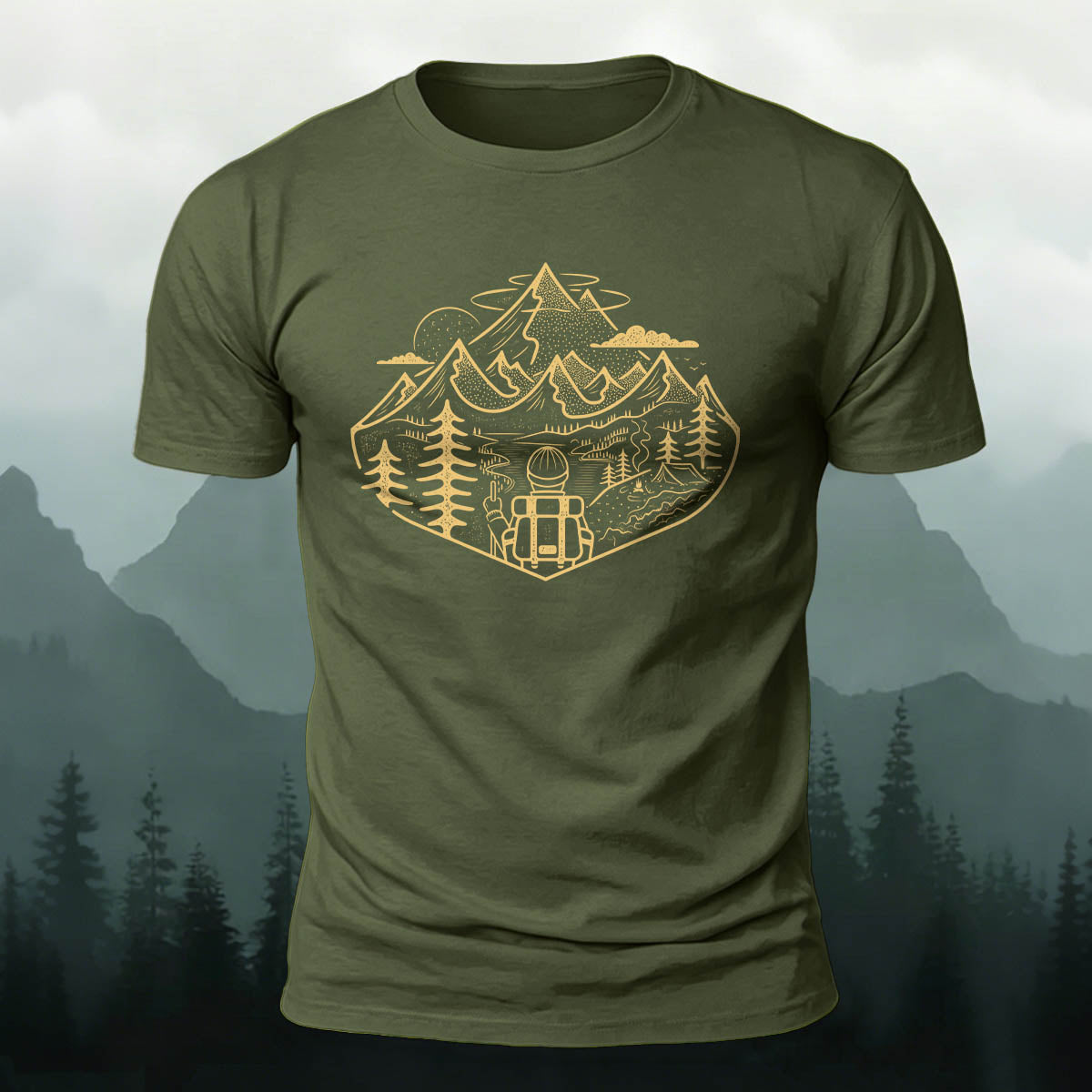 Mountain Adventure Sketched Art Print Outdoor Cotton Tee