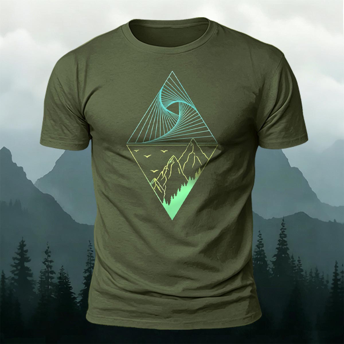 Mountain Geometric Pattern Casual 100% Cotton T-Shirt