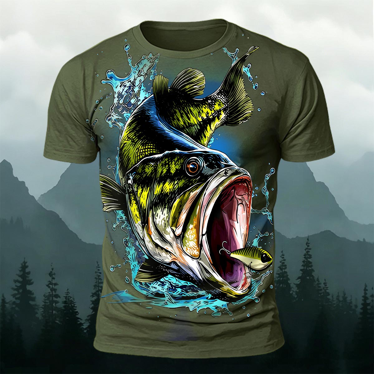 Black Fish Pattern Casual Graffiti Polyester T-Shirt AMG