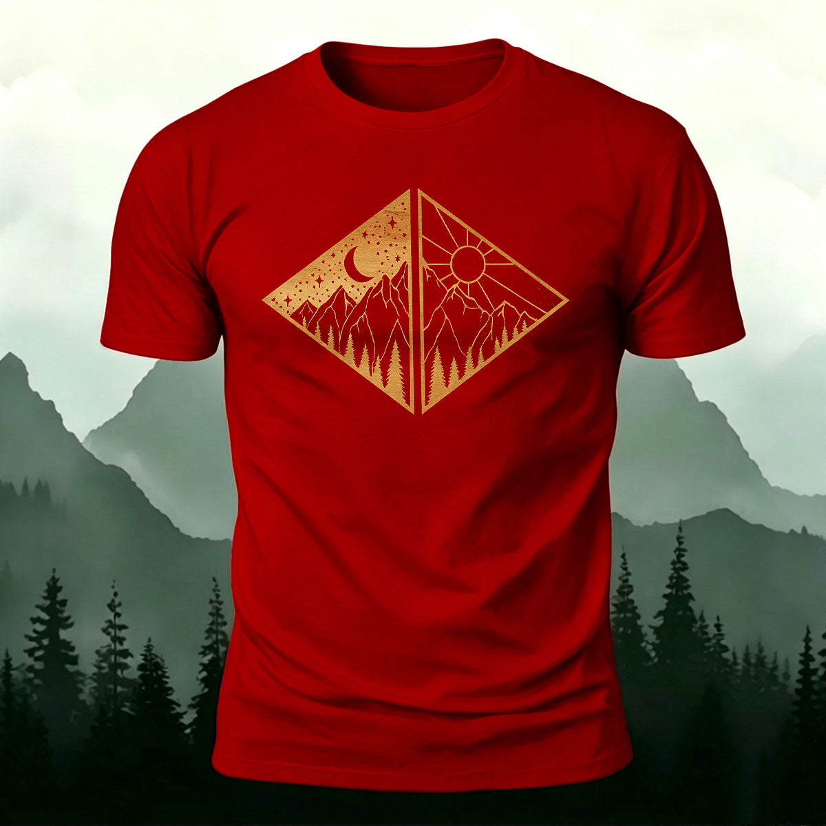 Landscape Art Frame Printed Mountain-style Casual T-Shirt Red