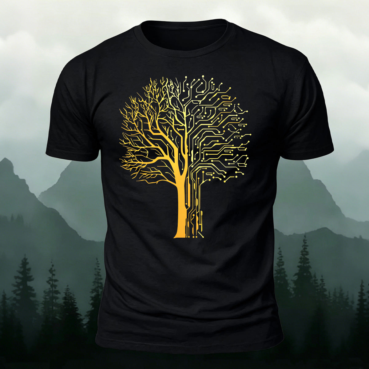 Tech-inspired tree print combed cotton T-shirt Black